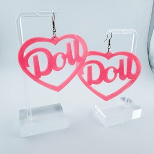 Pink Doll Heart Dangle Acrylic Earrings Barbie New Statement Kid Sparkle